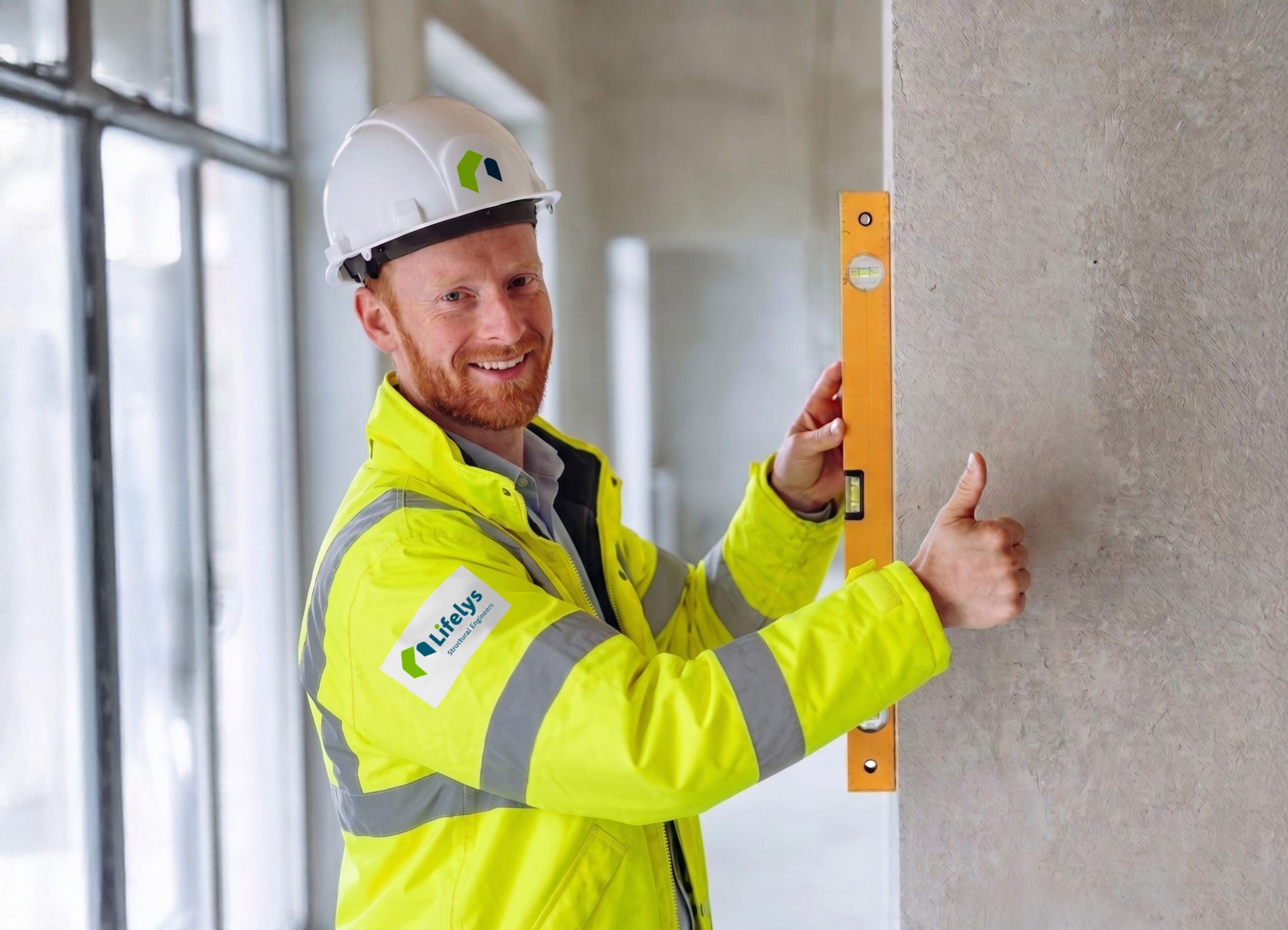 Photo of George Lifely in a hard hat and high visibility jacket with a spirit level, conducting a structural report